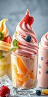 Tempting swirl of strawberry and blueberry soft serve ice cream in a glass with fresh fruit topping photo