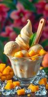 Delicious mango ice cream topped with fresh mango pieces and a mint leaf in a clear glass bowl photo