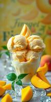 Delicious mango ice cream served in a clear glass bowl garnished with fresh mint and tropical fruit photo