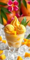 Mango dessert served in a glass with scoops and fresh fruit arranged on a table photo
