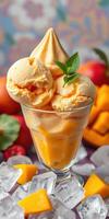 Delicious mango ice cream served in a glass with mint leaves and fresh fruit on a colorful background photo