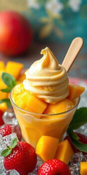 Mango frozen dessert topped with whipped cream and fresh fruit in a clear cup on ice photo