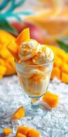 Delicious mango ice cream served in a glass with fresh mango chunks on ice photo