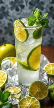 Refreshing mojito cocktail with lime and mint garnished on a wooden table photo