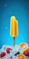 Bright yellow popsicle rests on crushed ice with fresh fruits during a sunny summer day photo