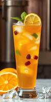 Refreshing citrus beverage with berries and mint served over ice in a tall glass photo