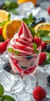 Delicious frozen dessert with mixed berries and mint leaves on a bed of ice in a colorful display photo