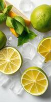 Fresh limes and mint leaves arranged with ice cubes in a bright kitchen setting photo