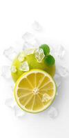 Fresh lime surrounded by ice cubes with a cut section showcasing juicy pulp and vibrant color photo