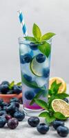 Refreshing blueberry lime drink garnished with mint leaves and served with fresh blueberries photo