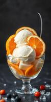 Delicious orange ice cream dessert served in a glass bowl with fresh orange slices and berries photo