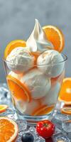 Delightful dessert with oranges and vanilla ice cream served in a clear glass bowl photo