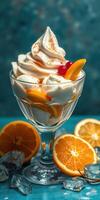 Delicious dessert with whipped cream and fresh fruit garnished in a glass bowl photo