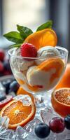 Refreshing dessert featuring ice cream, fruits, and ice served in a clear glass bowl with vibrant colors photo
