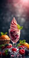 Delicious dessert treat featuring swirled soft serve ice cream topped with fresh berries and mint in a stunning glass photo