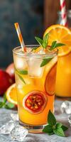 Refreshing fruit beverage adorned with fresh mint and vibrant slices on a sunny day photo