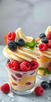 Delicious frozen yogurt topped with fresh berries and mint leaves in a clear glass cup photo