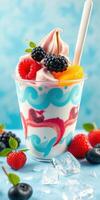 Delicious frozen yogurt topped with fresh berries and vibrant colors in a clear cup photo