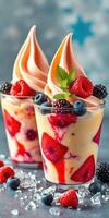 Delicious frozen dessert served in clear cups with fresh berries and creamy swirl at a vibrant summer event photo