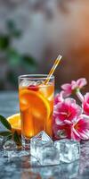 Refreshing summer drink with flowers and ice on a marble table during golden hour photo
