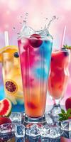 Colorful cocktails with fresh fruits and ice splashes in a vibrant setting during a summer gathering photo