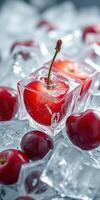 Fresh cherries encased in ice cubes on a bed of crushed ice for a refreshing summer drink photo