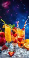 Colorful fruit cocktails with splashes on a vibrant backdrop featuring fruits and ice cubes in a summer setting photo