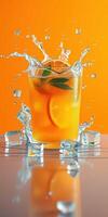 Refreshing drink splashes in a glass with citrus and mint against a vibrant orange background photo