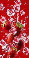 Fresh strawberries splashing with ice cubes in a vibrant red background photo
