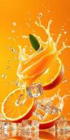 Refreshing splashes of orange juice with ice cubes against a vibrant background photo