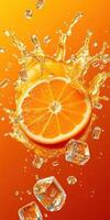 Fresh orange slice creating splashes amidst ice cubes against a vibrant orange background photo