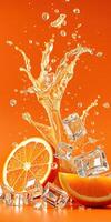 Splashing orange juice with ice cubes and fresh orange slices against a vibrant orange background photo