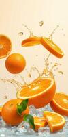 Fresh oranges splash and float in refreshing citrus scene with droplets and ice photo