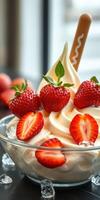 Delicious strawberry soft serve dessert served in a glass bowl with fresh strawberries and mint leaves photo