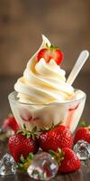 Delicious soft serve ice cream sundae topped with fresh strawberries and a spoon photo