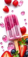 Bright and colorful homemade popsicle surrounded by fresh fruits and ice photo