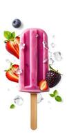Colorful fruit popsicle with fresh berries and mint leaves placed artistically with ice cubes photo