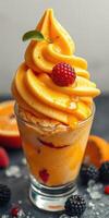 Delicious mango swirl dessert topped with fresh raspberries and a drizzle of syrup in a glass cup photo