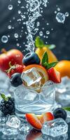 Refreshing summer fruit cocktail with splash and ice in vibrant arrangement photo