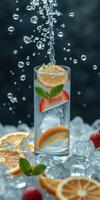 Refreshing sparkling drink garnished with citrus slices and mint leaves in a glass with ice photo