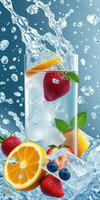 Refreshing summer beverage with fruits and ice splashing in clear water on a bright background photo