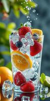 Refreshing fruit cocktail in a glass with ice and citrus at a vibrant outdoor setting photo