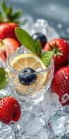 Refreshing summer drink with lemon, blueberries, and strawberries on ice photo