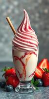 Delicious soft serve ice cream swirled with strawberry sauce and garnished with fresh berries photo