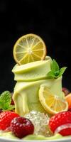 Delicious matcha dessert topped with lemon and fresh berries in vibrant presentation photo