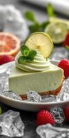 Refreshing lime cheesecake on a plate with fresh fruits and ice photo