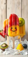 Brightly colored fruit popsicles on ice with happy faces, perfect for summertime fun and refreshing treats photo
