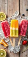 Colorful fruit popsicles on ice with fresh fruits in a summer setting photo