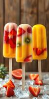 Colorful fruit popsicles with fresh strawberries and kiwi on a rustic wooden background photo