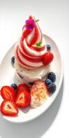 Delicious soft-serve ice cream with fresh strawberries and blueberries served on a white plate photo